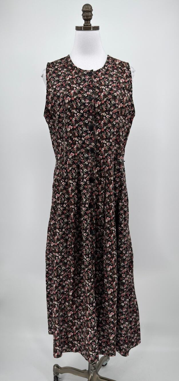 Vintage Pierre Cardin Black Botanical Floral Sleeveless Midi Dress Sz M